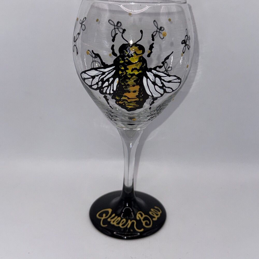 Queen Bee Stemmed Wine Glass with a hand-painted bee design